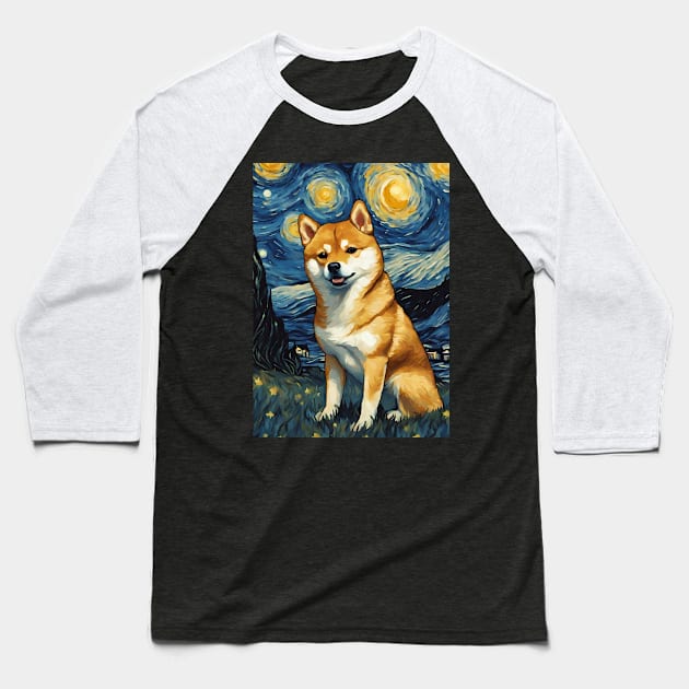 Shiba Inu Dog Breed Painting in a Van Gogh Starry Night Art Style Baseball T-Shirt by Art-Jiyuu